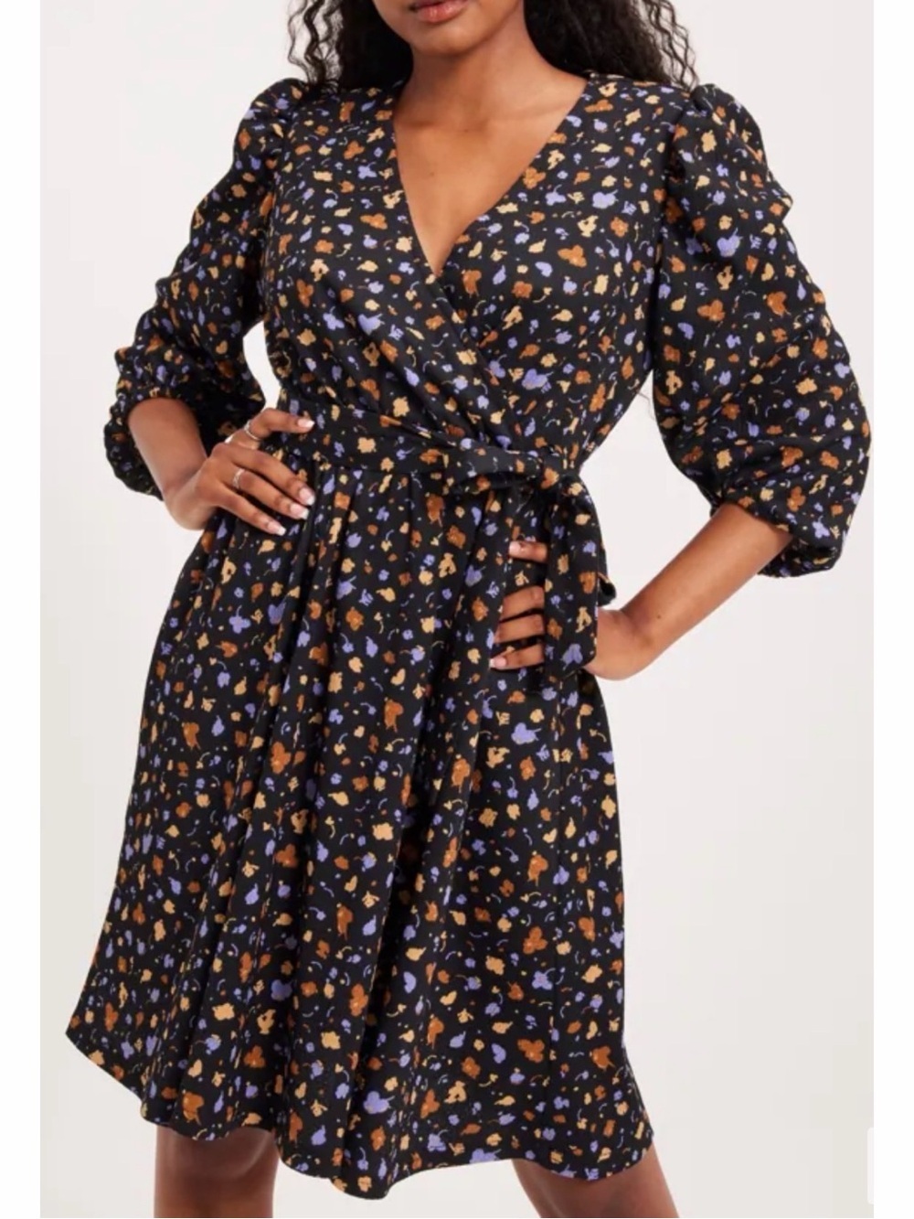 Selected Femme Floral Wrap 3/4 Sleeves Dress Black